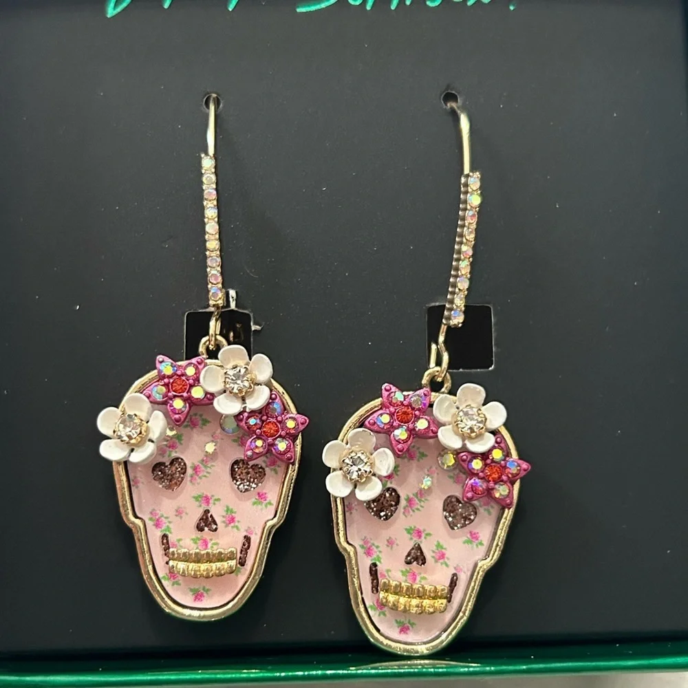 Betsey Johnson Sugar Skull Drop Earrings Rhinestone Floral NWT
